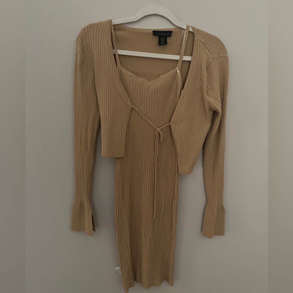House of Harlow 1960 Tan Ribbed Bodycon Midi Dress + Matching cardigan